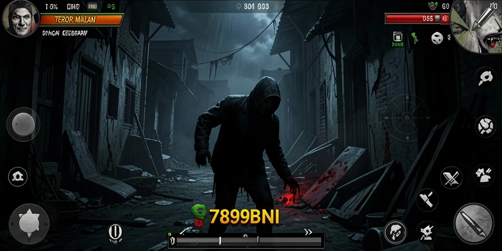 Screenshot menampilkan gameplay mencekam di 789BNI dengan suasana yang menakutkan.