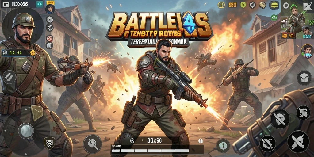 Screenshot utama IDX66 menampilkan aksi intens dalam pertempuran Battle Royale.