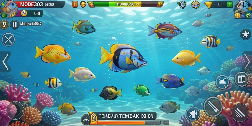 Screenshot gameplay MODE303 menampilkan momen seru menembak ikan.