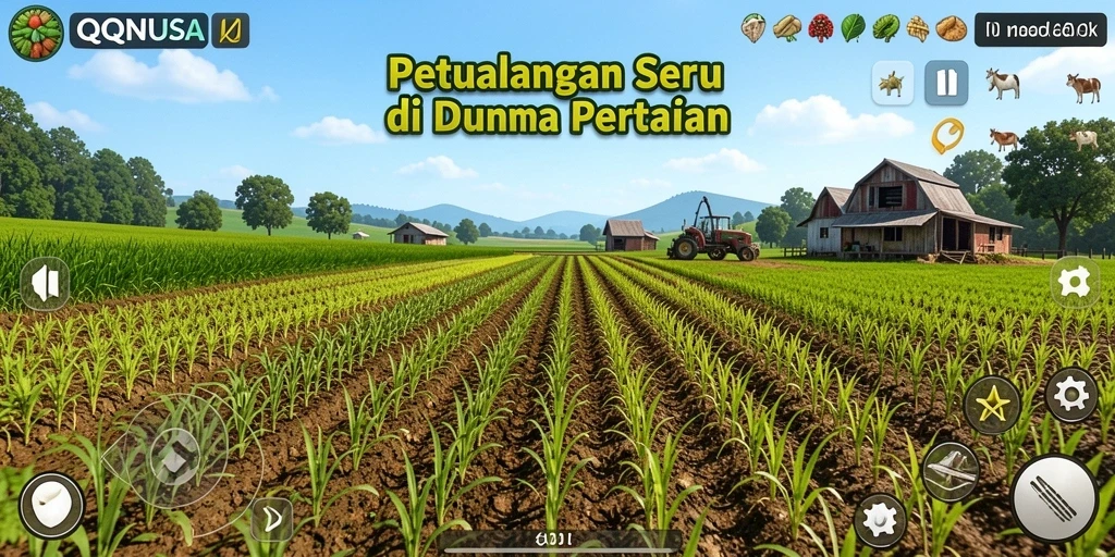 Tangkapan layar utama QQNUSA yang menunjukkan aktivitas bertani yang seru.