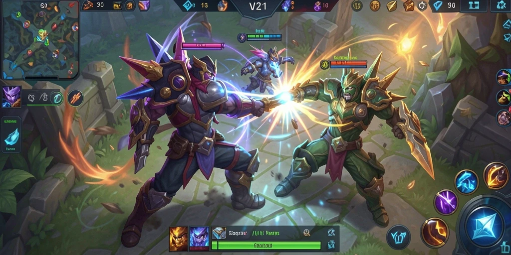Tangkapan layar gameplay V21 menampilkan aksi pertarungan MOBA yang mendebarkan.