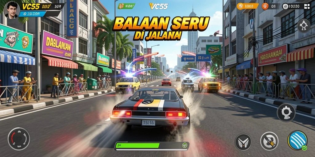 Tangkapan layar VC55 menampilkan aksi balapan yang mendebarkan.